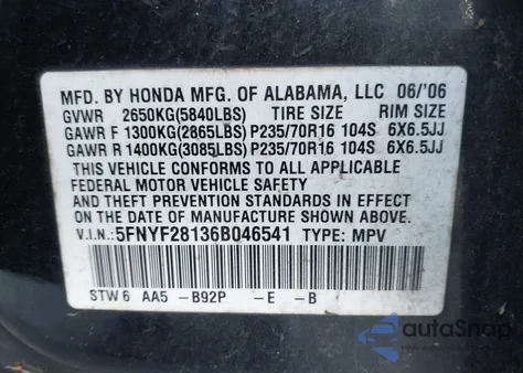 2006 Honda Pilot Lx from USA, damaged, VIN 5FNYF28136B046541